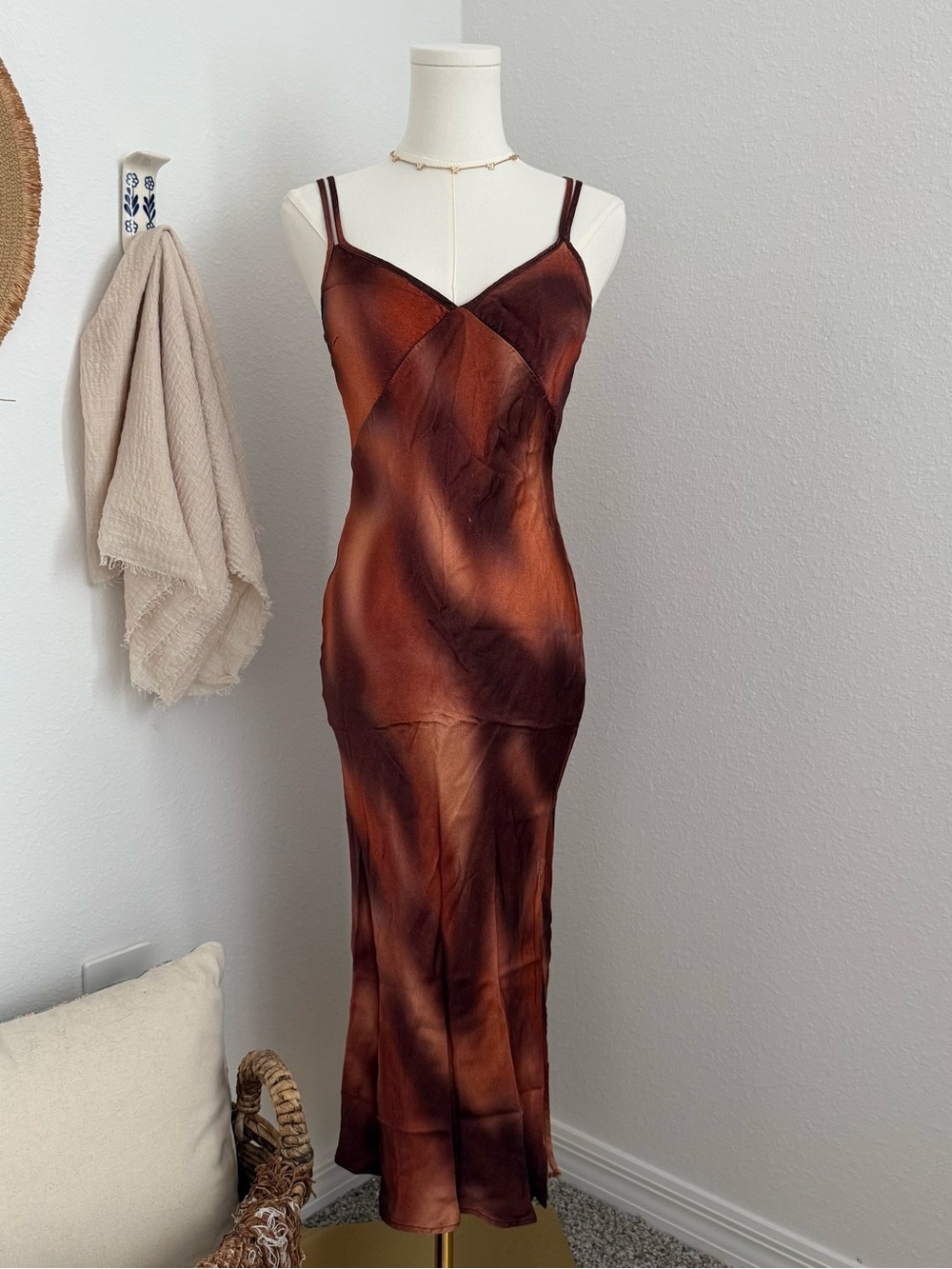 Bershka Abstract Satin Slip Dress Rust Brown Midi Size M